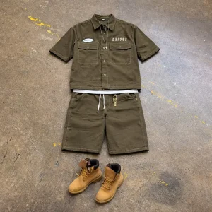 Custom Logo Short Sleeve Work Shirt and Jogger Short Set Men’s Denim Buttons Summer Embroidery Turn Down Collar Tracksuit