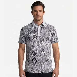 Custom Logo Tropical Leaf Print Quick Dry Performance Short Sleeve Polo Breathable Hawaiian Style Summer Wear Men’s Golf Shirt