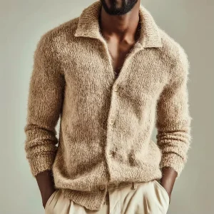 Custom Logo Vintage Fuzzy Knit Men’s Cardigans Boxy Fit Streetwear Long Sleeve Winter Button Jacket High Street Style