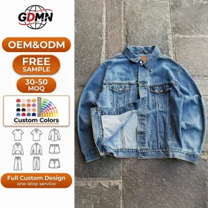Custom Logo Vintage Stonewashed Denim Trucker Jacket Distressed Button Down Pointed Collar Raw Hem Boxy Fit Streetwear Unisex