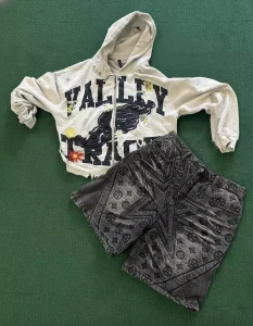 Custom Logo Y2K High Streetwear Oversized Zip up Emboss 3D Foam Letters Puff Men’s Hoodie Sweatshirt Denim Shorts Set