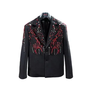 Custom Made Photo Heavy duty Soft Cotton Blended Red Diamond Beaded Black Men’s Blazer Notched Collar Zipper Closure Oversized