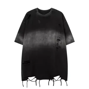 Custom Man T shirt High Street Gradient Vintage Washed Hem Torn Short sleeved Summer Multi functional Loose Top T shirt