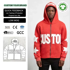Custom Manufacturer Sweatshirt 600gsm Heavyweight Thick Distressed Cropped Zip Up Embroidery Patch Men Acid Wash Zip Up Hoodie