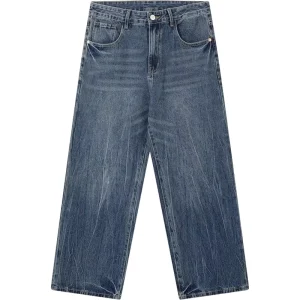 Custom Manufacturer Vintage Faded Distressed Jeans Men’s Vintage Washed Casual Loose Jeans Streetwear