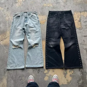 Custom Manufacturers Denim Pants Oversized Baggy Rivet Rhinestone Men Jeans