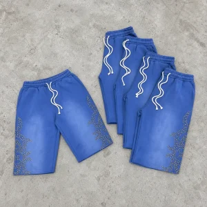 Custom Men Blue Rhinestone Shorts Blue Crystal Logo French Terry Drawstring Baggy Fit Rhinestone Shorts OEM Sweat Shorts