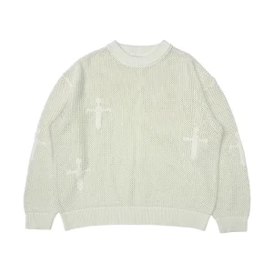 Custom Men LOGO Jacquard Pattern Pullover Knit Jumper Knitwear Winter Men’s Crew Neck Mesh Crocheted Hollow Knitted Sweater