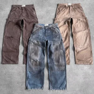 Custom Men Loose Baggy Denim Jeans Trousers 100% Cotton Faded Oversized Fit Double Knee Dirty Wash Denim Jeans