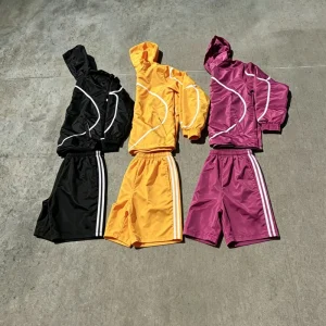 Custom Men Nylon Tracksuit Set Windbreaker Reflective Piping Shorts Hooded Two Piece Streetwear Activewear Black