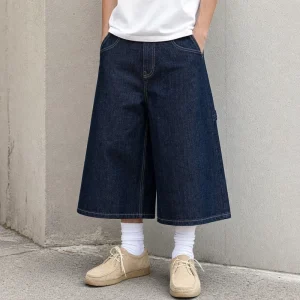 Custom Men Wide Leg Denim Jorts Dark Blue Knee Length Baggy Fit Vintage Wash Raw Hem 3/4 Bermuda Jean Shorts Denim Shorts