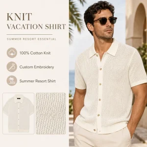 Custom Men’s 100% Cotton Knit Vacation Shirt Short Sleeve Button Polo Embroidered Logo Summer Resort Knitwear OEM ODM
