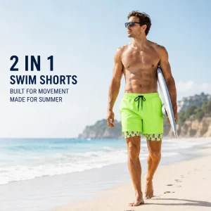 Custom Men’s 2 in 1 Swim Shorts Anti Chafing Compression Liner 4 Way Stretch Beach Vacation Beach Shorts Private Label Swimwear