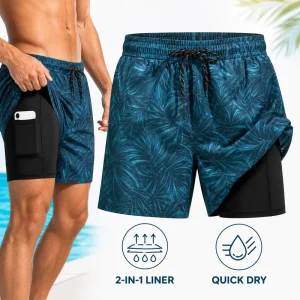 Custom Mens 2 in 1 Swim Shorts Quick Dry Beach Shorts with Compression Liner Swim Trunks