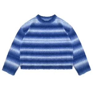 Custom Men’s Anti Wrinkle Autumn Casual Fuzzy Pullover Striped Pattern Mohair Sweater Long Sleeve Knitwear