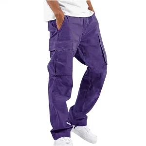 Custom Men’s Autumn Casual Mid Waist Moisture Wicking Polyester Cargo Pants Drawstring Closure Straight Work Trousers