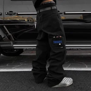 Custom Men’s Black Cargo Jeans Side Pocket Zipper Stacked Baggy Denim Pants Utility Streetwear Manufacturer