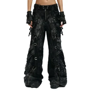 Custom Men’s Black Denim Cargo Jeans Regular Fit Mid Waist Street Wear Multi Pocket Zipper Decoration Dark Vintage Cotton