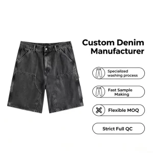 Custom Men’s Black Vintage Washed Carpenter Denim Jorts Multi Pocket Wide Leg Workwear Shorts OEM Private Label Denim Shorts