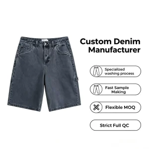 Custom Men’s Black Vintage Washed Carpenter Denim Jorts Tiny Loose Wide Leg Knee Length Denim Shorts OEM Private Label