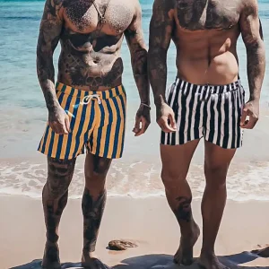 Custom Men’s Board Shorts Mid Waist Swim Trunks Striped Waterproof Drawstring Swimwear Embroidered Casual Style