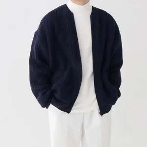 Custom Men’s Cardigan Sweater Coat Zipper Collar Loose Mens Knitted Sweater Oversized Ribbed Zip up Sweater for Men