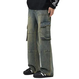 Custom Men’s Cargo Jeans Light Washed Wide Straight Leg Baggy Pants Large Pocket Streetwear Style Denim Men’s Jeans