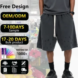 Custom Men’s Casual Jogger Shorts 100% Cotton Acid Washed Ripped Drawstring Distressed Knitted Shorts