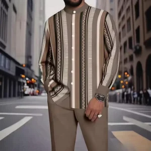 Custom Men’s Casual Summer Street Style Round Neck Buttoned Long Sleeve Shirt Suit Digital Print Outdoor Sports
