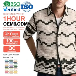 Custom Men’s Cotton Knitwear Cardigan Green and White With Pockets Short Sleeve Knitted Shirt