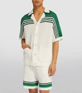 Custom Men’s Cotton Knitwear Cardigan Green and White With Pockets Short Sleeve Shorts Men’s Knitted Shirt Sweater