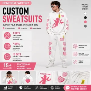 Custom Men’s Cupid Heart Print Hoodie Jogger Set Oversized Streetwear Cotton Blend 2 Piece Custom Logo OEM Factory