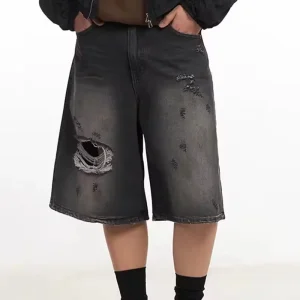 Custom Men’s Denim Shorts Gray Destroyed Distressed Knee Big Hole Burmuda Denim Shorts