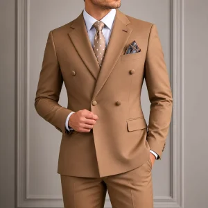 Custom Men’s Double Breasted 4 Button V neck Italian Style Blazer Jacket Tailored Fit Business Formal Wedding Suit Worsted