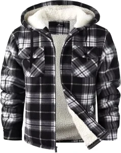 Custom Men’s Faux Leather Flannel Hooded Jacket Winter Warm Coat with Plaid Zipper Sherpa Hood Fleece Lined Flannel Shirt