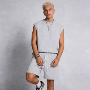 Custom Men’s Heavy Cotton Activewear Blank Sleeveless Muscle Tee and Shorts Set for Screen Printing