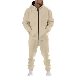 Custom Men’s Heavyweight Solid Color Fleece-Lined Zip-Up Long-Sleeve Hooded Sweatshirt Set