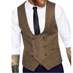 Custom Men’s Herringbone Suit Vest Groom & Groomsman Slim Fit Vest Vintage Casual Waistcoat