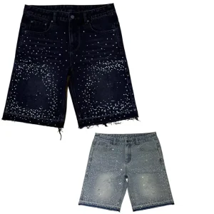Custom Men’s High Waist Black Baggy Denim Shorts Summer Washed Rhine Stone Boyfriend Jeans Woven Design Manufactured Jorts