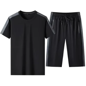 Custom Men’s Ice Silk Tracksuit 2 Piece Set Short Sleeve T Shirt & Cropped Pants Outfit OEM ODM Custom Logo Summer Sportswear