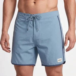 Custom Men’s Light Blue Solid Board Shorts Quick Dry Swim Trunks Beach Wear with Side Stripe Pockets Drawstring Swimwear