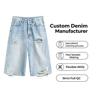 Custom Men’s Light Blue Vintage Washed Denim Shorts Mid Waist Straight High Street Casual Distressed OEM ODM