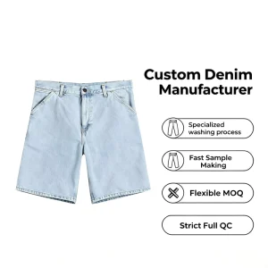 Custom Men’s Light Washed Carpenter Denim Jorts Loose Wide Leg Knee Length Casual Shorts OEM Private Label Denim Shorts