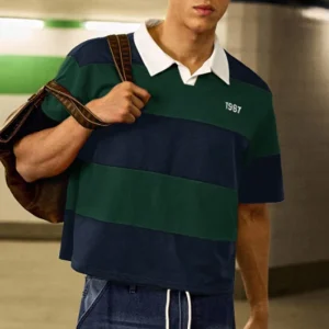 Custom Men’s Loose Fit Striped Polo Shirt Polyester Viscose Knitted Fabric Preppy Style Short Sleeve Casual Wear