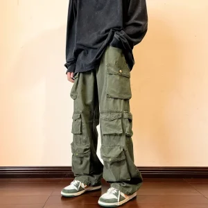 Custom Men’s Loose Wide Leg Streetwear Trousers Straight Cargo Pants Vintage Multi Pockets Utility Cargo Pants Men