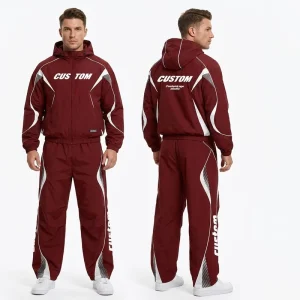 Custom Men’s Maroon Summer Vintage Windproof Breathable Windbreaker Tracksuit Set Reflective Piping Hooded Jogging Suit