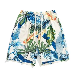 Custom Men’s Mid Waist Tropical Printed Beach Shorts Drawstring Closure Formal Style Woven Hot Shorts Worsted Anti Wrinkle