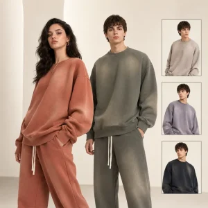 Custom Men’s Monkey Washed 375gsm Polyester Cotton Blend Heavyweight Vintage Oversized Streetwear Sweatshirt Joggers Tracksuit