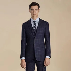 Custom Men’s Navy Blue Windowpane Check Polyester Blazer Tailored Suit Slim Fit Business Attire