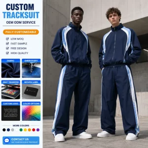 Custom Mens Navy Stand Collar Jacket Pants Set Side Stripe Sports Tracksuit OEM ODM Training Wear Supplier